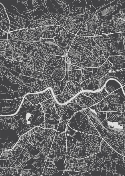 ilustrações de stock, clip art, desenhos animados e ícones de city map krakow, monochrome detailed plan, vector illustration - road top view