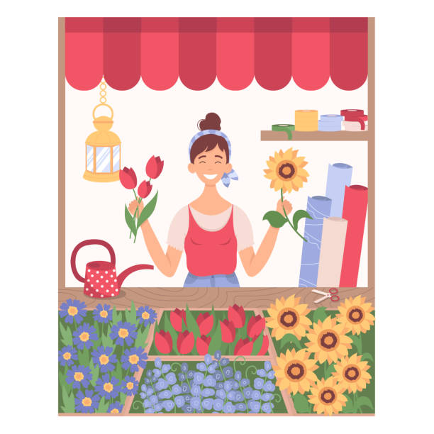 illustrazioni stock, clip art, cartoni animati e icone di tendenza di contatore di fiori - florist flower shop store owner
