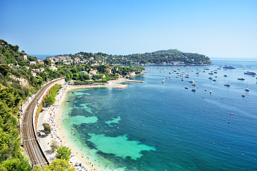 Plage des Marinieres beach in the Villefranche-sur-Mer town on the French Riviera, France