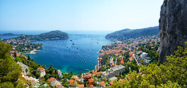 harbour at villefranche-sur-mer - city of nice france beach panoramic imagens e fotografias de stock