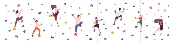People climbing up indoor in bouldering park. Climbers training on stone wall, artificial mountain with rocks. Men and women in extreme gym. Flat vector illustration isolated on white background People climbing up indoor in bouldering park. Climbers training on stone wall, artificial mountain with rocks. Men and women in extreme gym. Flat vector illustration isolated on white background. hand hold stock illustrations