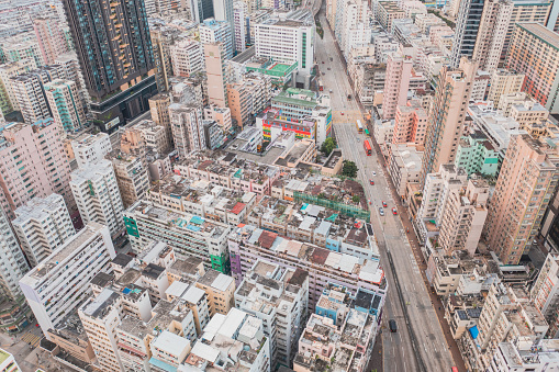 Amazing aerial view of the Kowloon residential area, Tokwawan, Hung Hom, Hong Kong. Daytime