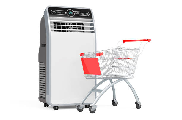 istock Shopping cart with mobile air conditioner, 3D rendering 1359482867