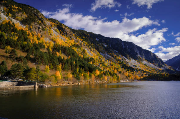 Aiguamòg reservoir in autumn (Aran Valley, Catalonia, Spain, Pyrenees) stock photo