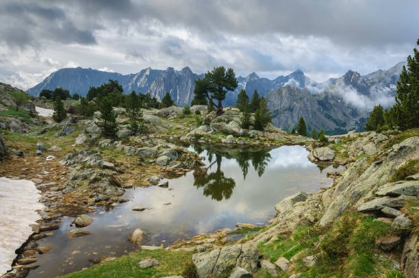 cime del parco nazionale di aigüestortes, nei pirenei, in un'alba nebbiosa estiva, vista da un lago vicino al rifugio amitges (pallars sobirà, catalogna, spagna) - meteorology rain fog forest foto e immagini stock