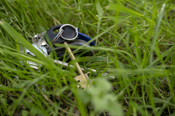 istock Keys and a keychain, lost, lie in the grass. Bottom view. 1359487245