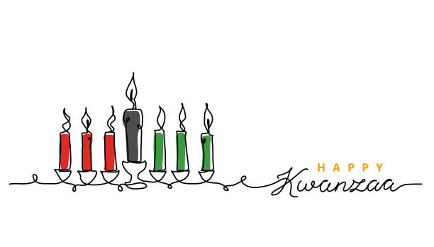 illustrations, cliparts, dessins animés et icônes de sept bougies kwanzaa kinara dans les couleurs traditionnelles africaines - rouge, noir, vert. illustration vectorielle simple. une ligne continue dessinant des bougies pour le festival kwanzaa - kwanzaa