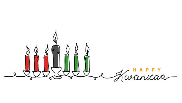 ilustrações, clipart, desenhos animados e ícones de sete velas kwanzaa kinara nas cores tradicionais africanas - vermelho, preto, verde. simples ilustração vetorial. uma linha contínua de arte desenhando velas para o festival de kwanzaa - december 7th