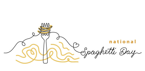 National Spaghetti Day vector one line art drawing background, banner, poster. Fork with pasta, noodle, macaroni. Simple doodle illustration. Spaghetti Day lettering National Spaghetti Day vector one line art drawing background, banner, poster. Fork with pasta, noodle, macaroni. Simple doodle illustration. Spaghetti Day lettering. spaghetti stock illustrations