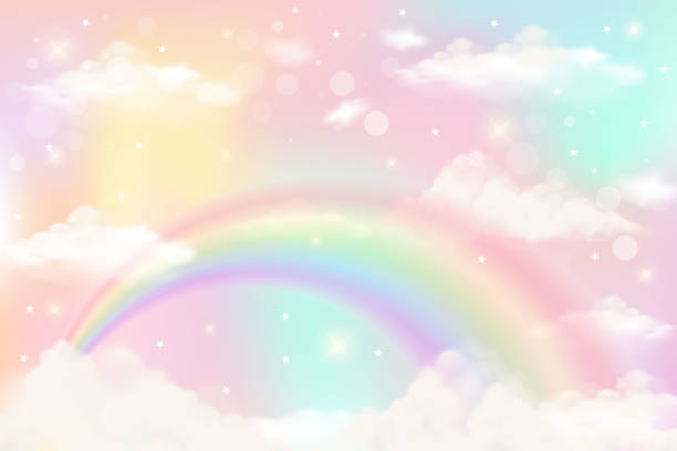 Holographic fantasy rainbow unicorn background with clouds. Pastel color sky. Magical landscape, abstract fabulous pattern. Cute candy wallpaper. Vector. Holographic fantasy rainbow unicorn background with clouds. Pastel color sky. Magical landscape, abstract fabulous pattern. Cute candy wallpaper. Vector unicorn stock illustrations
