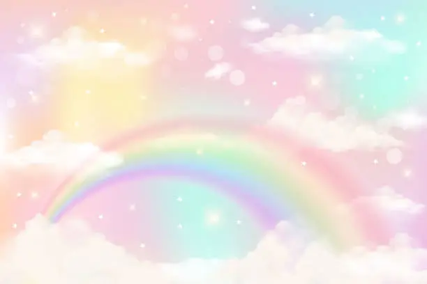 Vector illustration of Holographic fantasy rainbow unicorn background with clouds. Pastel color sky. Magical landscape, abstract fabulous pattern. Cute candy wallpaper. Vector.