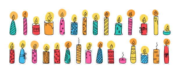 Doodle candles set.Decoration for birthday party or romantic dinner for Valentine's Day.Festive hand-drawn collection candlelight with wick and wax.Colored elements for creating special atmosphere. Isolated. Vector illustration birthday candle stock illustrations