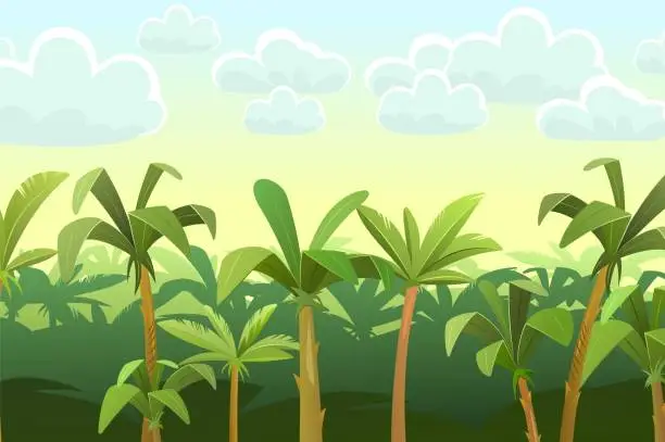 Vector illustration of Plants rainforest. Jungle background. Morning sky with clouds. Beautiful green landscape with exotic trees and palms. Vector.