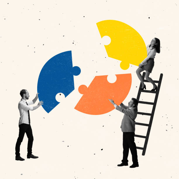 istock Contemporary art collage of people making, connecting puzzles symbolizing work statistics 1359494000