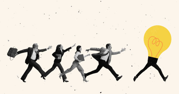 Creative business design of people running for lightbulb symbolyzing news ideas Contemporary art collage. Creative business design of people running for lightbulb symbolyzing news ideas. Concept of team work, solutions, ideas, projects, inspiration, brainstorm. Copy space for ad potential energy stock pictures, royalty-free photos & images