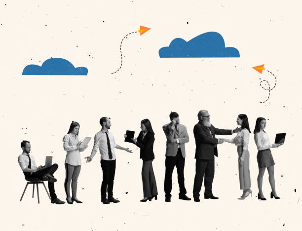 istock Creative social design with group of people communication online with help of modern devices 1359494028