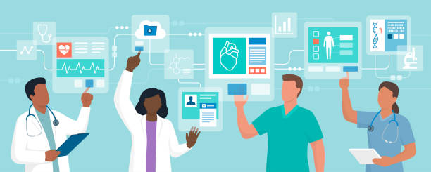 Doctors interacting with digital interfaces and checking health data Professional doctors interacting with virtual interfaces online, they are checking electronic medical records, telemedicine and virtual reality concept medical technology stock illustrations