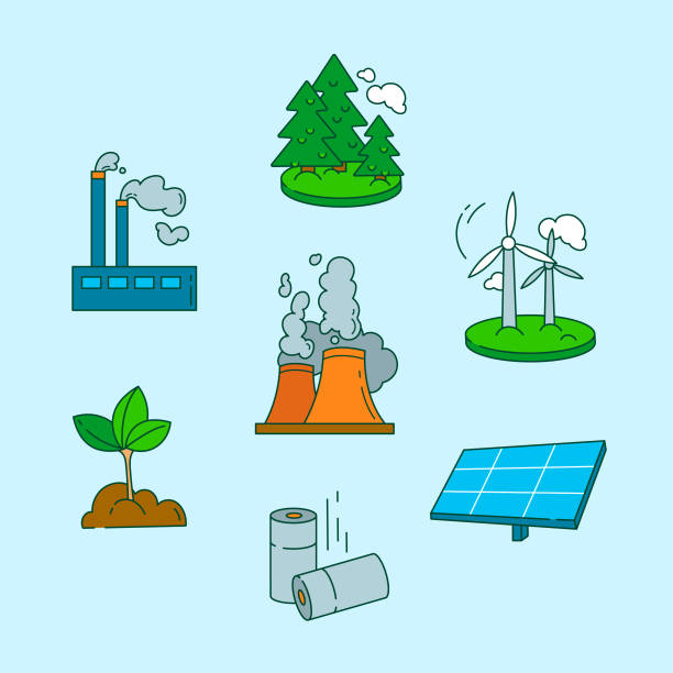Set of vector images on the theme of renewable and non-renewable energy. Ecology and environmental care concept Set of vector images on the theme of renewable and non-renewable energy. Ecology and environmental care concept nonrenewable resources stock illustrations