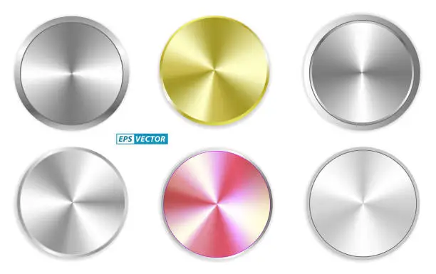 Vector illustration of set of round metallic gradient or brushed metal technology or alloy titan steel chrome nickel themes. eps vector