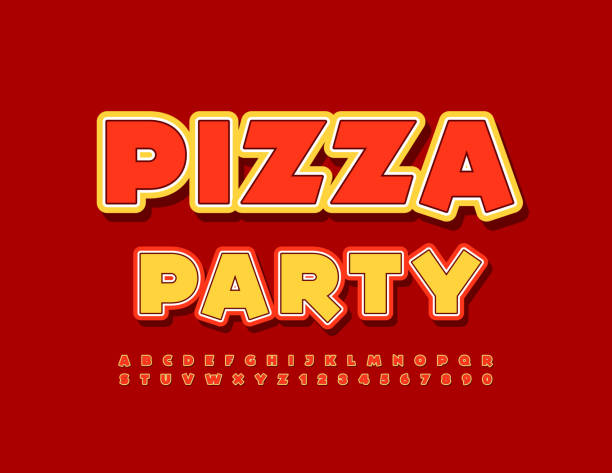 ilustraciones, imágenes clip art, dibujos animados e iconos de stock de folleto de eventos vectoriales pizza party. conjunto de letras y números del alfabeto de moda - pizza party