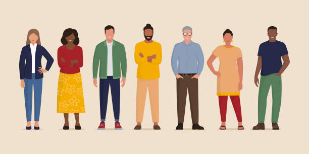 Happy diverse people standing together Happy diverse people standing together, cooperation and togetherness concept full length illustrations stock illustrations