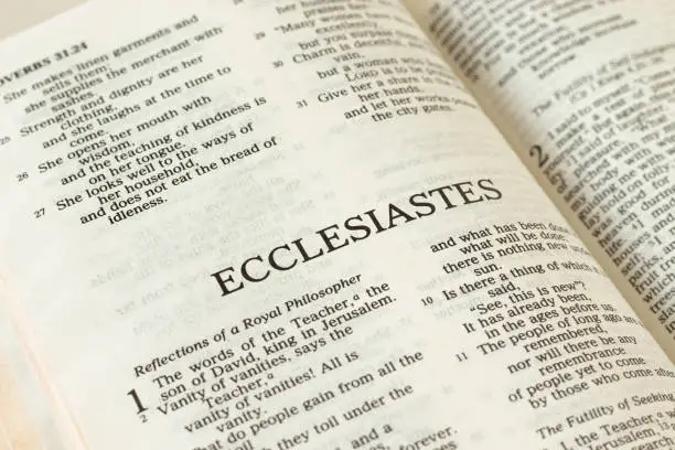 Ecclesiastes Holy Bible Old Testament open Book. Studying the Scriptures. Christian biblical concept. reading the Word of God Jesus Christ. A close-up.