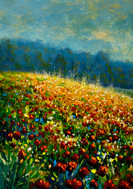 istock Bright artistic landscape. Sunner field painting color texture. Modern futuristic rural pattern. Multicolor flower in green spring field background. Landscape artwork for creative graphic design 1359498148