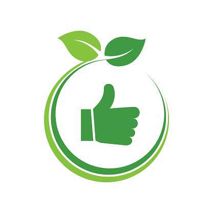 Healthy lifestyle concept. Organic food idea. I love nature thumb up. Environmental conservation. Vector illustration, flat clip art.