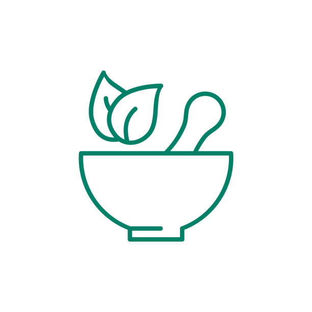 Green mortar and pestle with leaves line icon. Herbal traditional medicine. Kitchen equipment. Grinding herbs and spices. Natural pharmacy. Healthy food. Ayurveda. Vector illustration, flat, clip art mortar and pestal stock illustrations