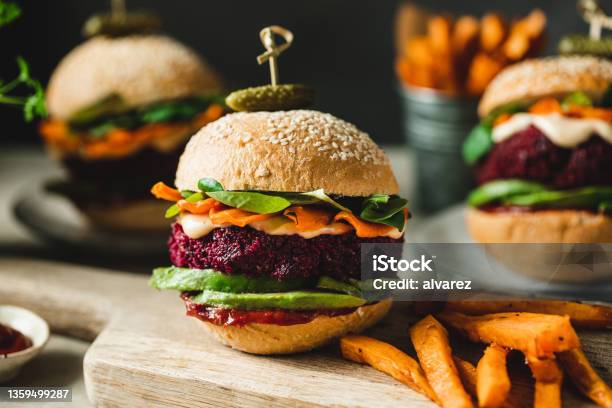Vegan Food Served As Vegan Beet Burgers Stock Photo - Download Image Now - Vegan Food, Veganism, Burger
