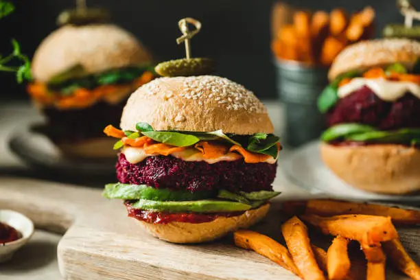 Photo of Vegan food served as vegan beet burgers