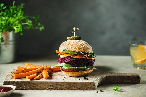 Lonely vegan beet burger and sweet potato appetizers