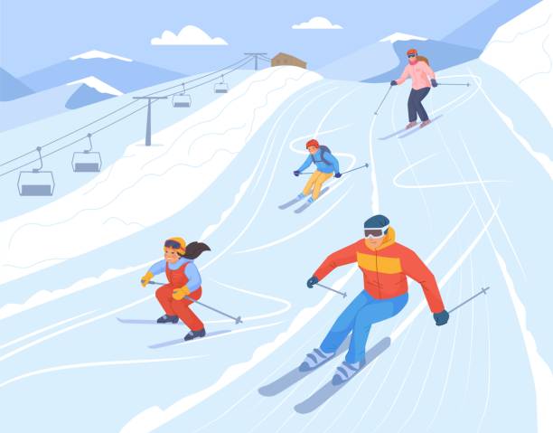 familie im skigebiet. snowboarder auf der schneepiste, winterski-bergaufzug, kinderskifahrer am alplift, ferienurlaubsalpen, reiseaktivitätssport, mondäne vektorillustration - ski stock-grafiken, -clipart, -cartoons und -symbole