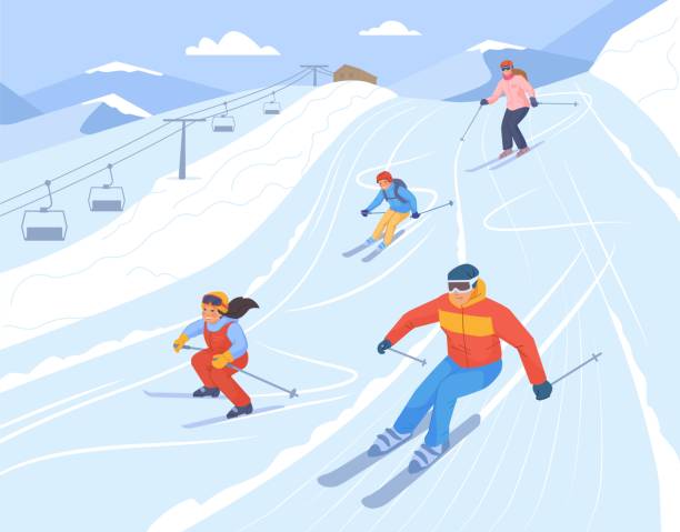 ilustrações de stock, clip art, desenhos animados e ícones de family at ski resort. snowboarder on snow slope, winter skiing mountain elevator, kid skier on alpine lift, holiday vacation alps, travel activity sport, swanky vector illustration - skiing ski snow extreme sports