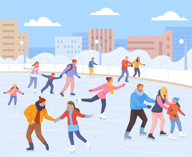 Families skating ice rink. People in winter christmas scene, snow sports, fun fall children, adult couple with kid vacation in outside landscape, family park, swanky vector Families skating ice rink. People in winter christmas scene, snow sports, fun fall children, adult couple with kid vacation in outside landscape, family park, vector. Illustration of winter skating ice skating stock illustrations