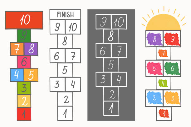 Hopscotch kid activity game. 4 types of games. Drawn on chalk asphalt, floor on paper or plastic. Jumping on cells Hopscotch kid activity game. 4 types of games. Drawn on chalk asphalt, floor on paper or plastic. Jumping on cells. Hand drawn vector illustration hopscotch stock illustrations