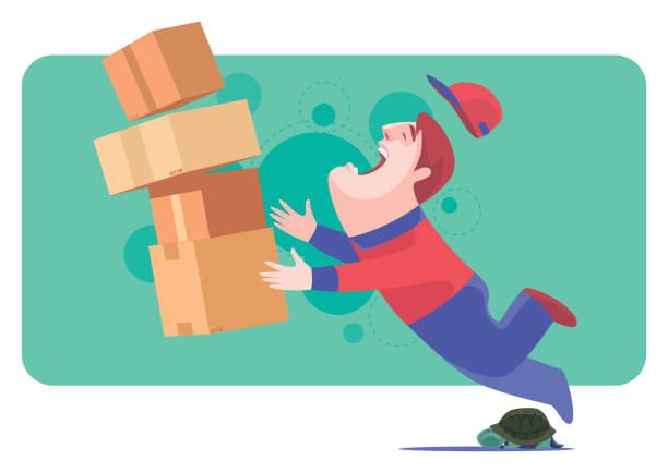 courier falling down while kicking tortoise vector illustration of courier falling down while kicking tortoise trapped fear people business stock illustrations