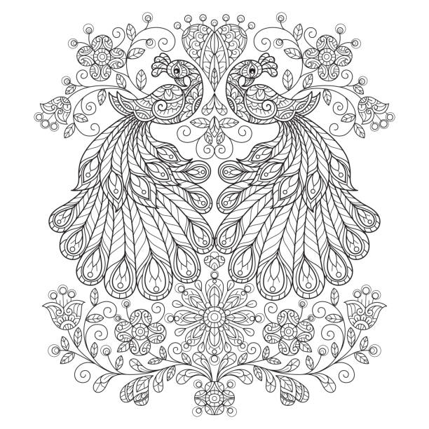 ilustraciones, imágenes clip art, dibujos animados e iconos de stock de pavo real y corazón. ilustración de boceto dibujada a mano para un libro para colorear para adultos - peacock feather outline black and white