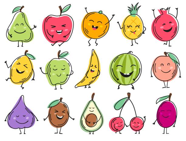 ベジタリアンと健康栄養のためのかわいいフルーツの文字や果物の顔のセット。白い背景に分離されたベクター漫画の顔の食べ物 - パイナップルセージ点のイラスト素材／クリップアート素材／マンガ素材／アイコン素材