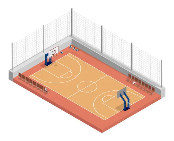 Vector illustration of isometric basketball court with net, parquet floor and markings lines. Basketball playground top view. Sports ground for active recreation. Realistic 3d vector isolated on white back