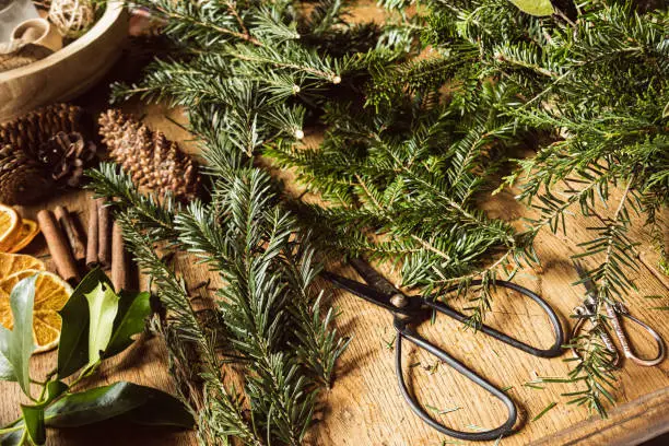 Female making a Christmas wreath in a DIY - Do It Yourself - work at home on a wooden table top with vintage scissors and tools.