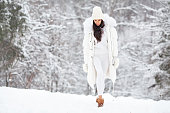 Beautiful Woman Wearing Fashionable Winter Clothes (white down jacket, knitted stylish hat, sweater, leggings, mittens, felt boots) Outdoors. Female stylish Model walking in winter nature. Trend, street fashion outfit