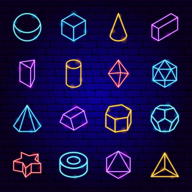 platonische festkörper neon icons - geometric shape pyramid shape three dimensional shape platonic solid stock-grafiken, -clipart, -cartoons und -symbole