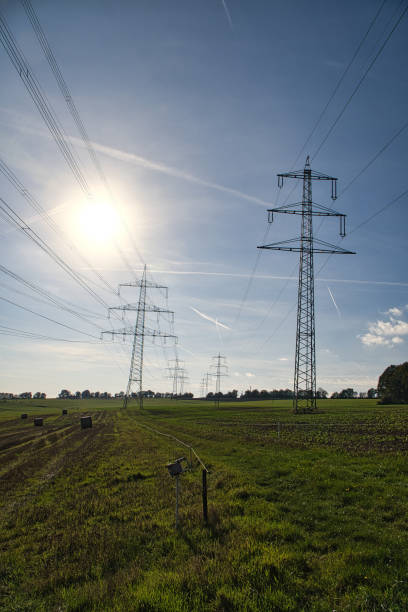 High voltage overhead power lines distributed across the country. Energy transport of 380 KV.