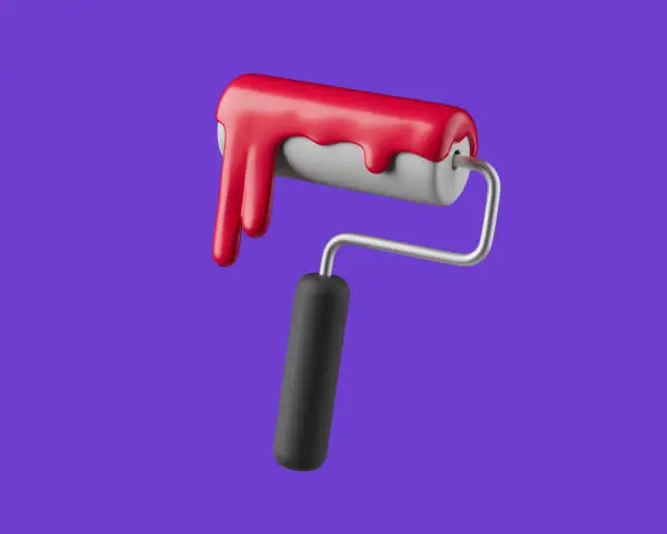 Simple paint roller with dripping red paint 3d render illustration. Isolated object on violet background.