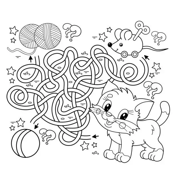 Vector illustration of Maze or Labyrinth Game. Puzzle. Tangled road. Coloring Page Outline Of cartoon little cat with toys. Coloring book for kids.