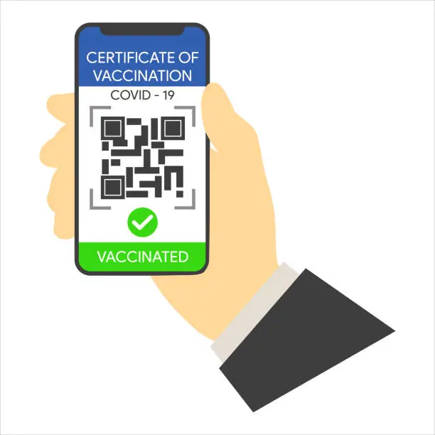 Vector illustration of Vaccine passport.Coronavirus Immune passport template icon. Smartphone with immune health passport for covid-19.Immunity passport for travel during .Hand holding smartphone.Vector isolated.