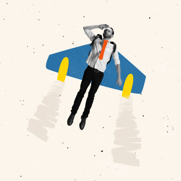 zeitgenössische kunstcollage eines mannes, der in einem flugzeug hochfliegt und karrierewachstum symbolisiert - kunst grafiken stock-fotos und bilder