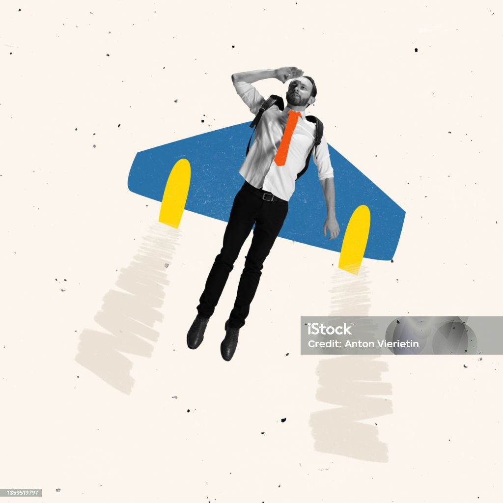 Contemporary art collage of man flying up on a plane symbolizing career growth Contemporary art collage of man flying up on a plane symbolizing professional and personal growth. Concept of motivation, achievement, goals, career, employment. Copy space for ad Image Montage Stock Photo