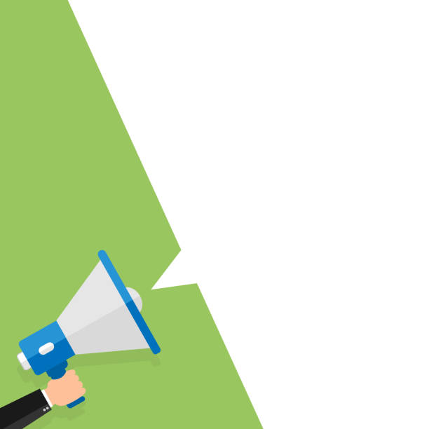 istock Good news information alert from hand with megaphone or loudspeaker vector illustration, flat cartoon announce notification banner horizontal sign 1359520868